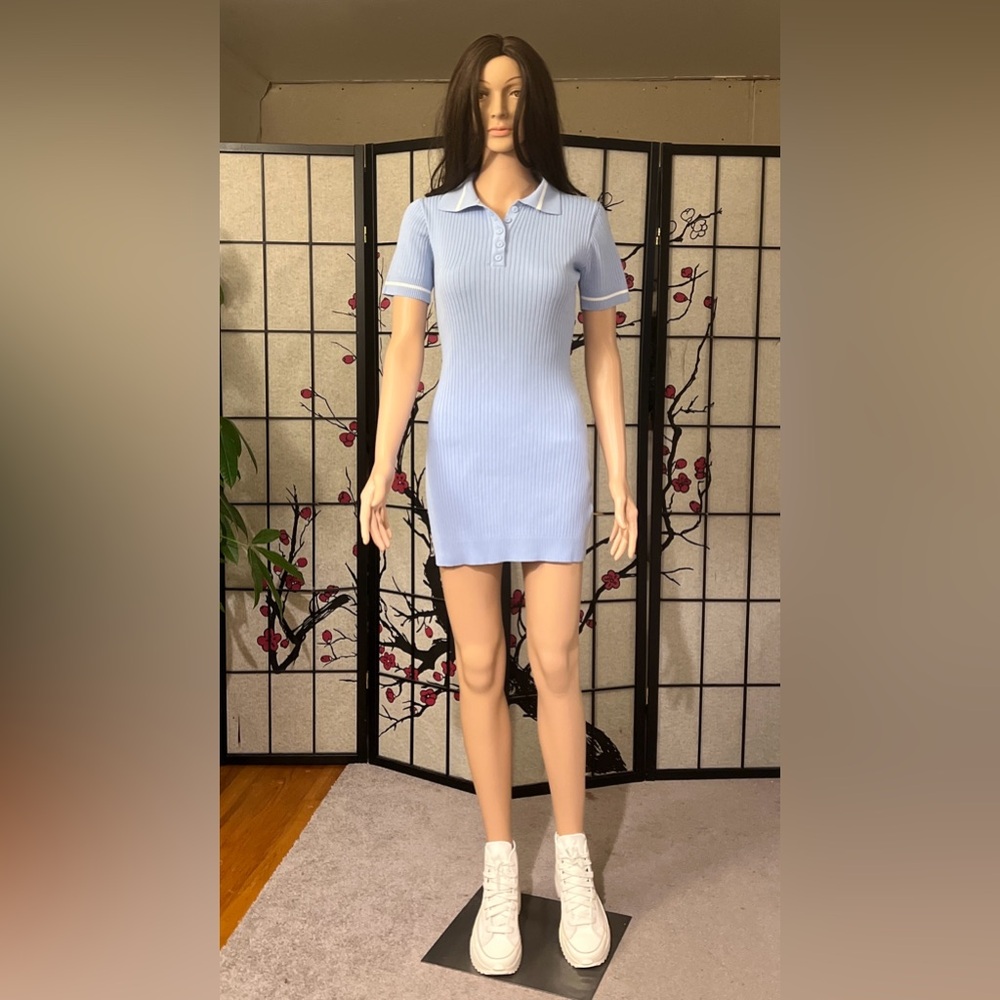 Contrast Binding Polo Neck Sweater Dress Baby Blue (Petite)